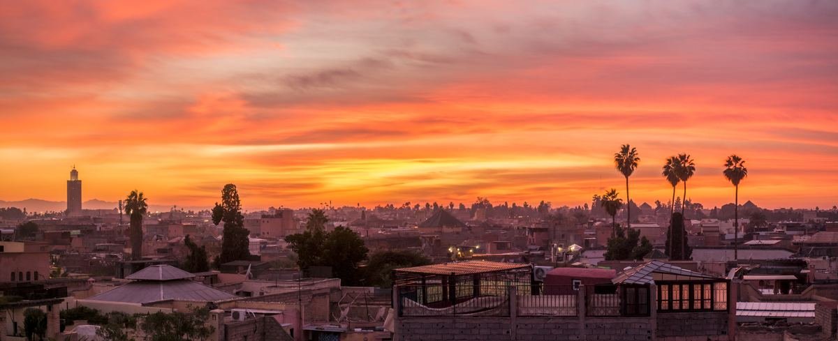 Marrakech skyline at sunset with the Koutoubia minaret